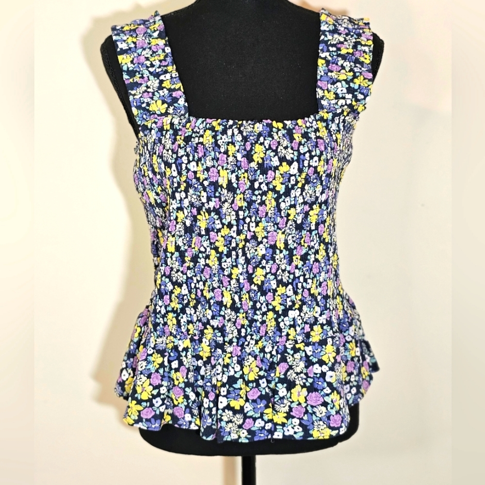 LC Lauren Conrad Square Navy Blue w/ Flowers Tank Top Size Large